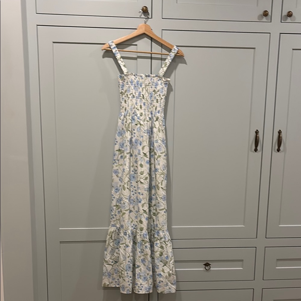 Hill House White and Blue Ruffled Tiered Maxi Dress